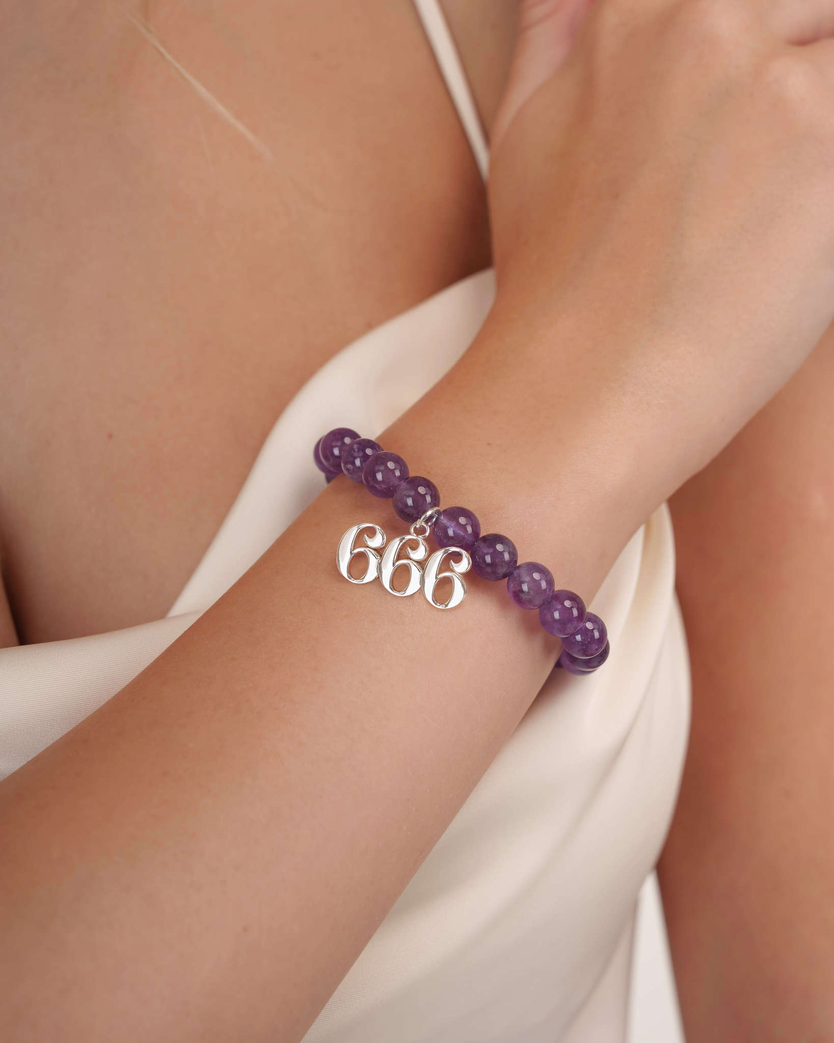666 Amethyst Silver Charm Bracelet