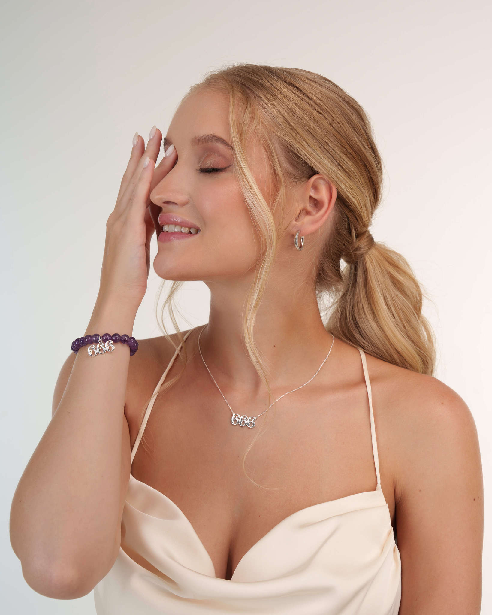 666 Amethyst Silver Charm Bracelet