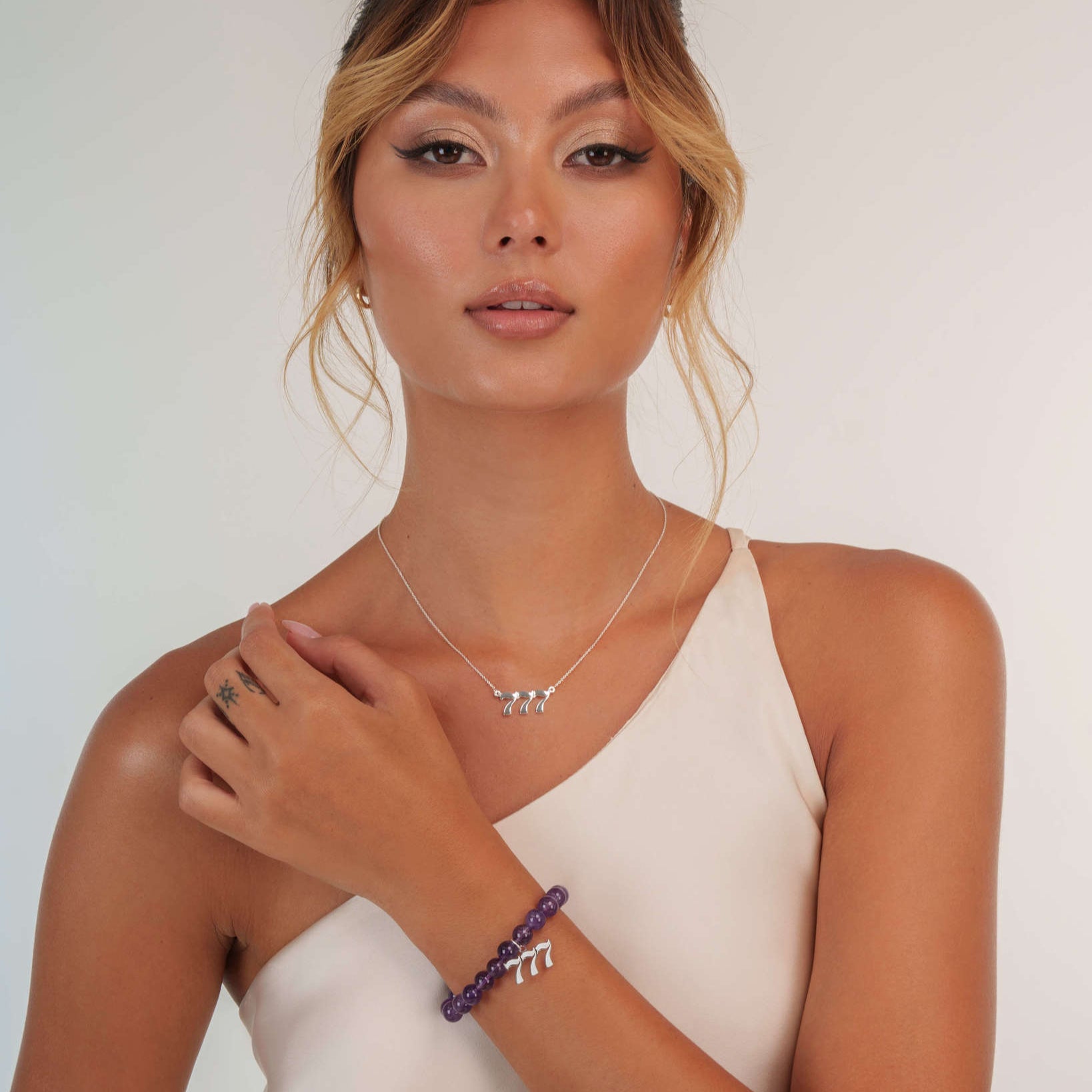 777 Amethyst Silver Charm Bracelet
