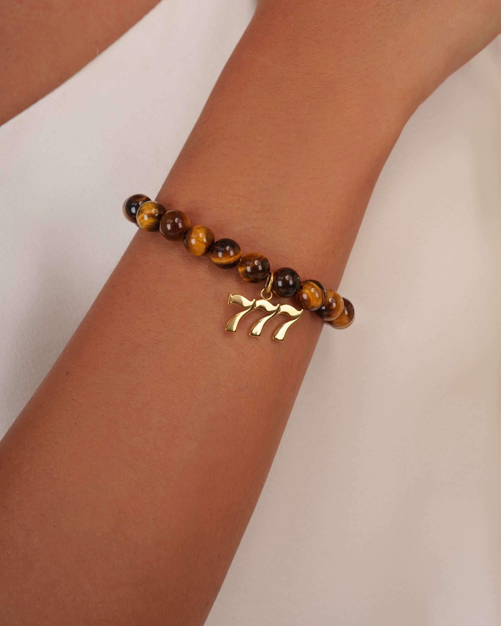 Angel Number 777 Tiger's Eye Gemstone Gold Charm Bracelet