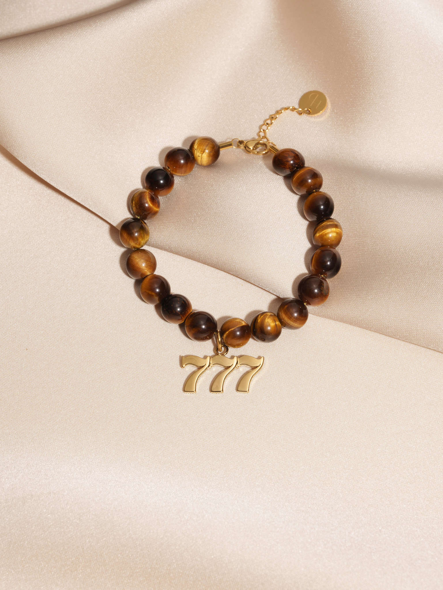 Angel Number 777 Tiger's Eye Gemstone Gold Charm Bracelet