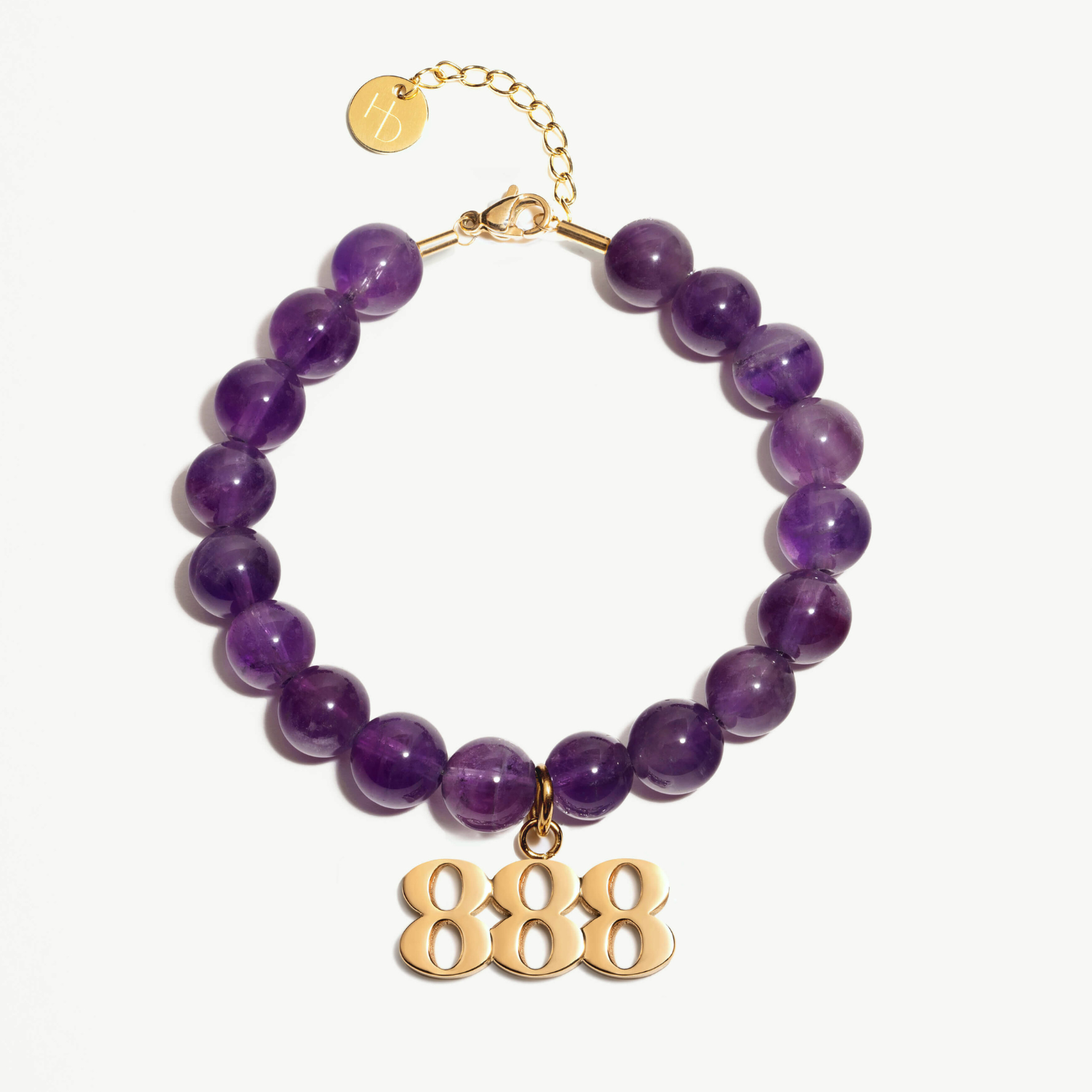 888 Amethyst beaded bracelet with adjustable clasp closure. 888 gold charm
