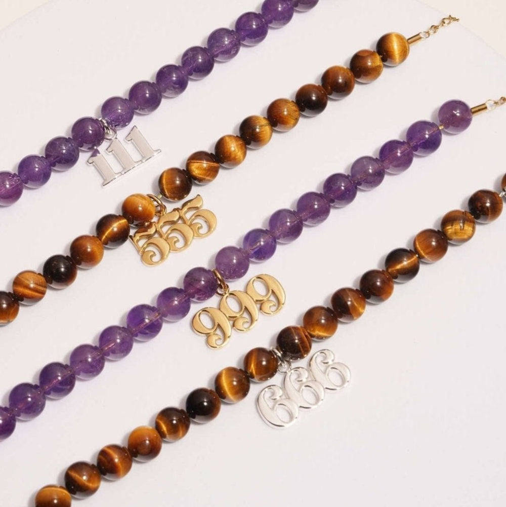 Gemstone Bracelet with Angel Number Charm | Amethyst or Tiger Eye | Gold or Silver