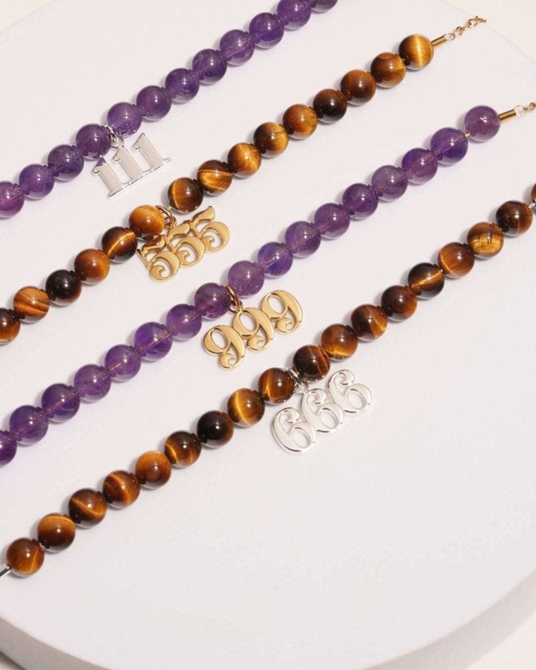 Gemstone Bracelet with Angel Number Charm | Amethyst or Tiger Eye | Gold or Silver